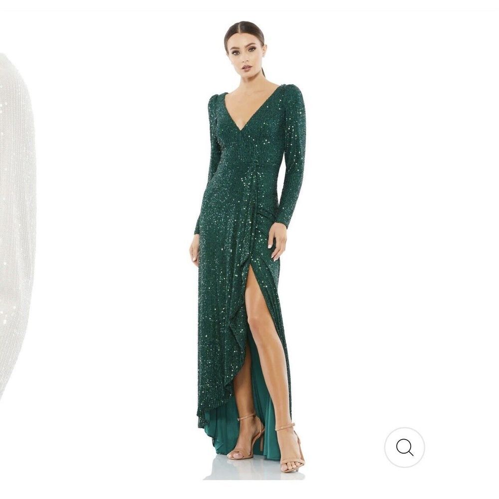 IEENA for Mac Duggal Sequined Wrap Evening Gown Size 12 Green Ruffle High Slit